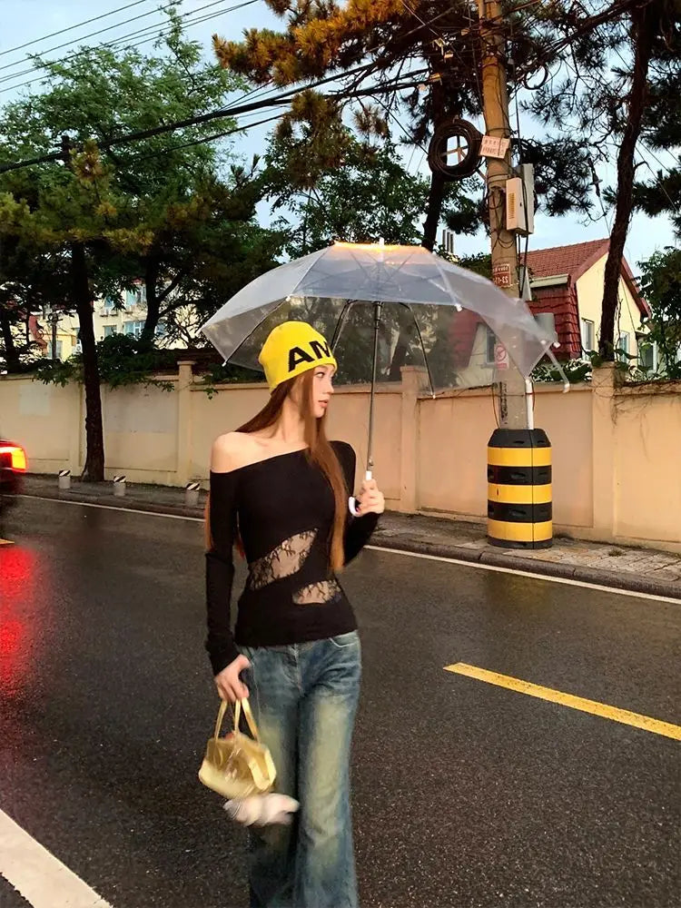 Schickes Dollette Hotsweet Asymmetrisches Langarm-T-Shirt mit schrägem Kragen, schmal geschnitten, Spitze, Hohl-Top, 2000er-Kleidung, koreanische Mode