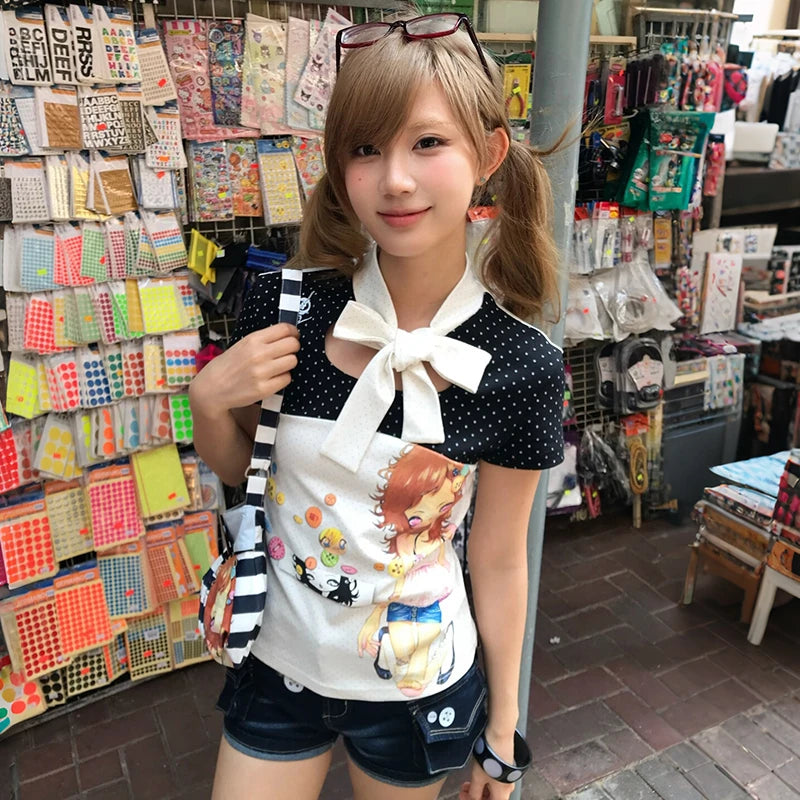 Chic Dollette Anime 2000s Short Sleeve Patchwork Top