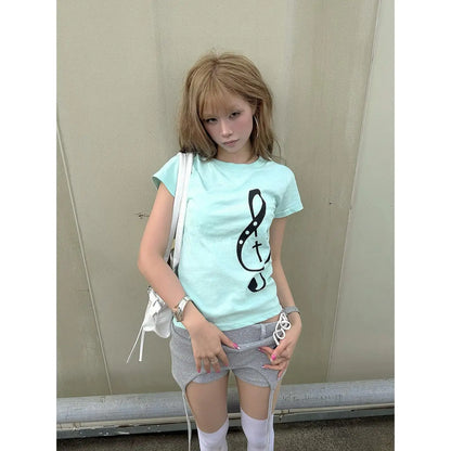 Chic Dollette Korean Style Music Note Print T Shirt Women Short Sleeve Cotton T-shirt Y2k Vintage Graphic Tops Japanese 2000s Tee