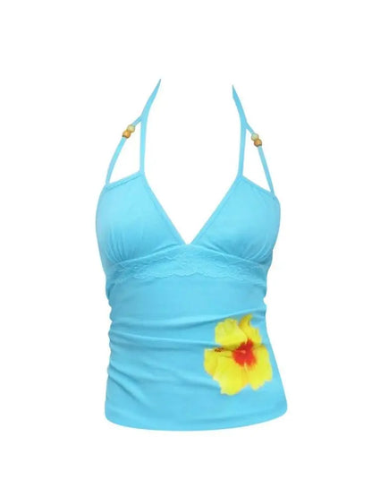 Chic Dollette Floral Print Halter Top Women Casual  Beaded Straps Lace Trim Slim Fit Tees Japnese Harajuku Streetwear 2026 Summer