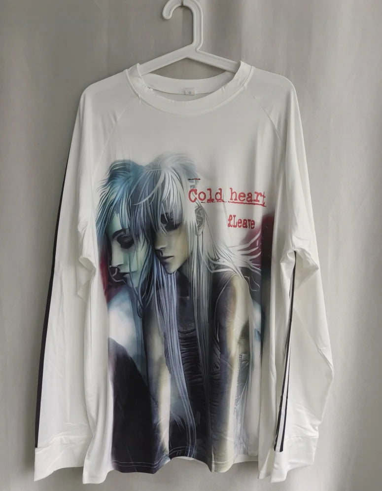 Chic Dollette Gothic Anime Cartoon Print Vintage T-shirt Hiphop Patchwork Streetwear Tops Harajuku Drop Shoulder Casual Tshirts