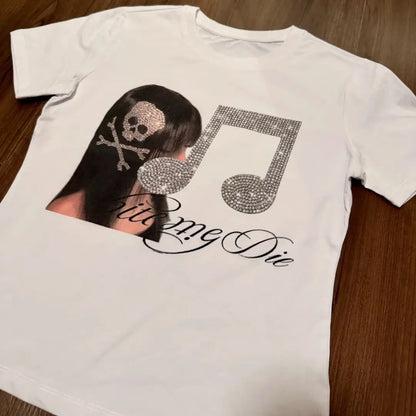 Chic Dollette 2026 Summer T-shirt Streetwear Grunge Skull Rhinestone Tops Y2k Aesthetic Casual Harajuku Loose Tshirt