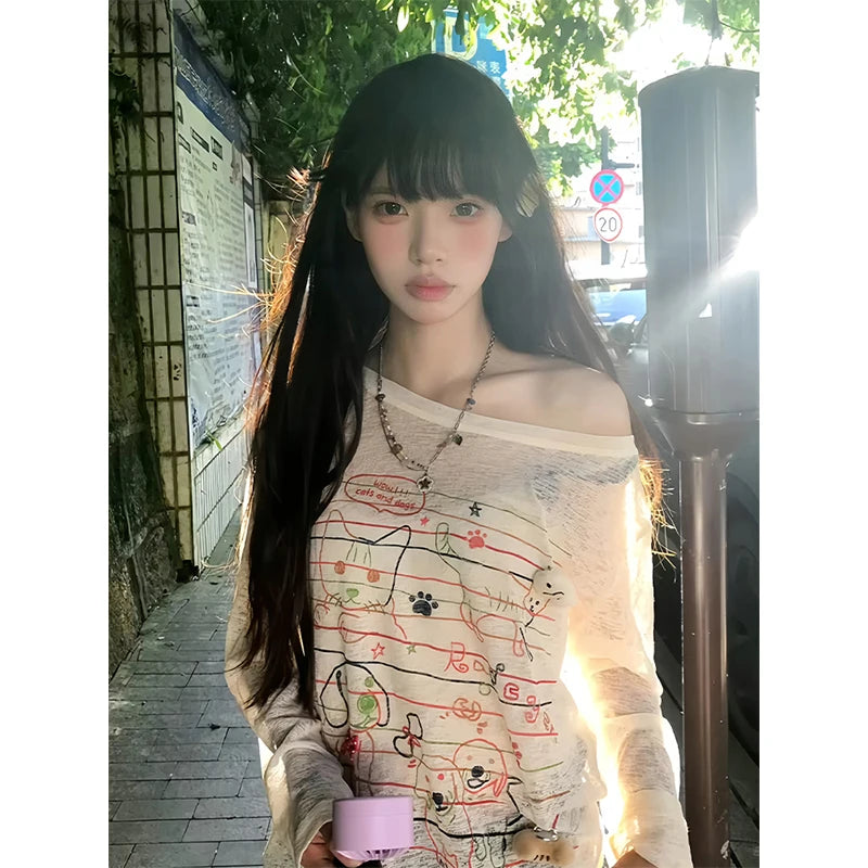 Chic Dollette Sweet Graphic T-Shirts Damen Kleidung Langarm Loose 2000er Kleidung Herbst Top Kawaii T-Shirts Damenbekleidung Chic