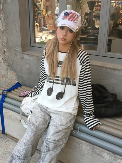 T-shirt Patchwork Imprimé Chic Dollette Japonais Années 2000 Top Graphique Streetwear Vintage Grunge Américain Rétro