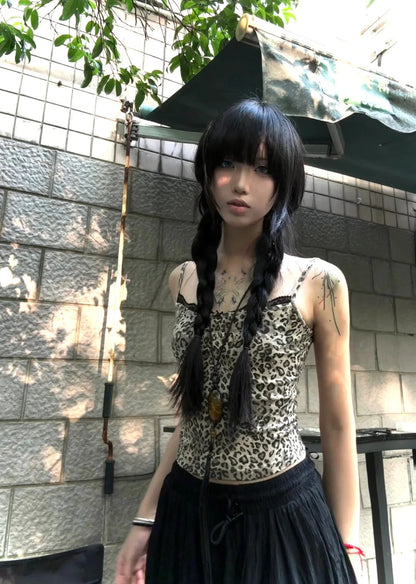 Chic Dollette Débardeur Japonais Imprimé Léopard Sans Manches Chemise T-shirt Dentelle Patchwork Fairycore Camis Débardeur Années 2000 Haut