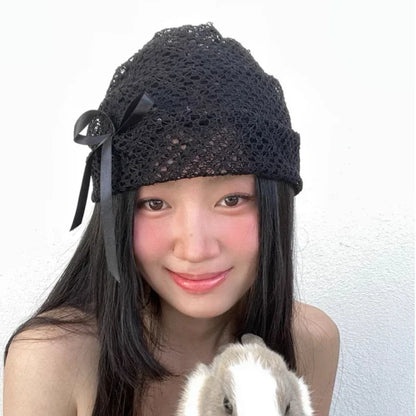 Chic Dollette Black Lace Knitted Bow Beanie