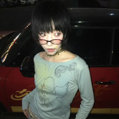 Chic Dollette T-shirt Manches Longues Tie Dye Imprimé Graphique Haut Grunge Japonais Années 2000 Haut Fairycore T-shirts E-girls