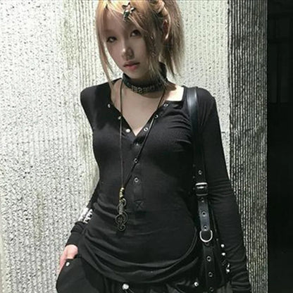 Chic Dollette Japanisches T-Shirt Langarm Button Schwarz Tee Top Streetwear American Retro 90er Crop Top Basic T-Shirts