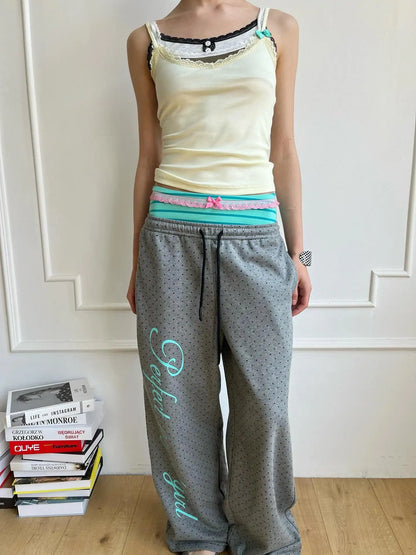 Chic Dollette 2026 new Y2K letter printed polka dot splicing fake two-piece pants for street fashion, niche fashion, versatile daily leisure