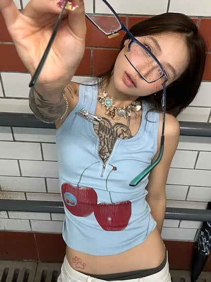 Haut court chic sans manches Harajuku avec fermeture éclair, style grunge, imprimé Dollette, tee-shirt rétro américain, pour l'été