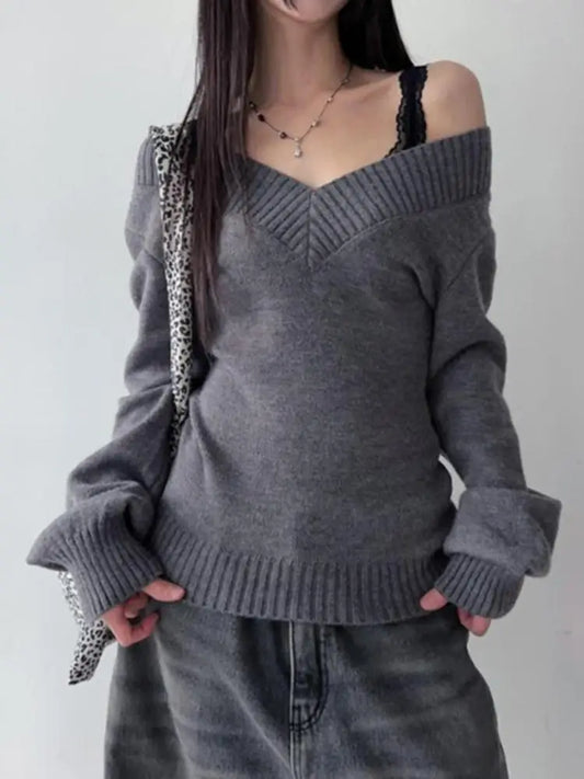 Chic Dollette - Pulls tricotés gris à col en V pour femme - Mode coréenne automne hiver - Chic