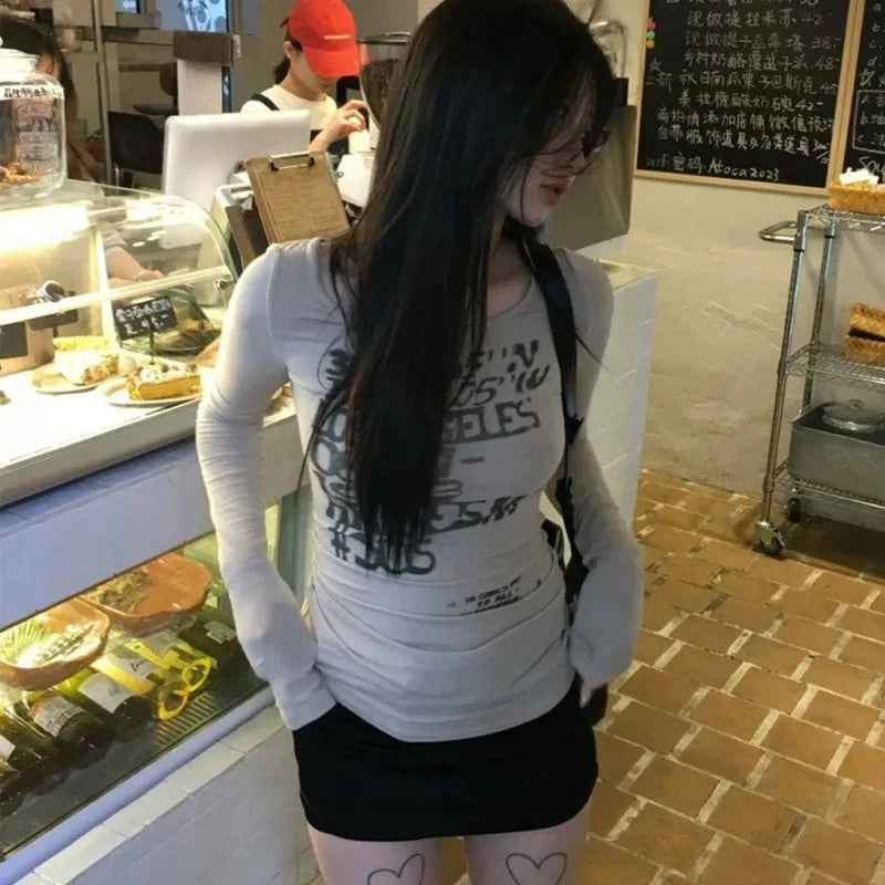 Chic Dollette Herbst Top Langarm Grafik T-Shirts Damen Kleidung Grunge Gothic 2000er Kleidung Koreanische Mode Slim Tees Chic
