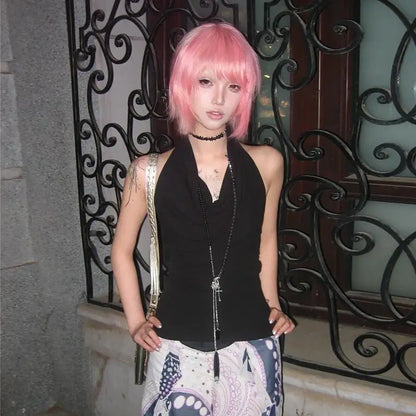 Chic Dollette Japanisches Tanktop mit Schwingkragen, unregelmäßigem Schnitt, ärmellos, Streetwear, 2000er Grunge Weste Top Tee