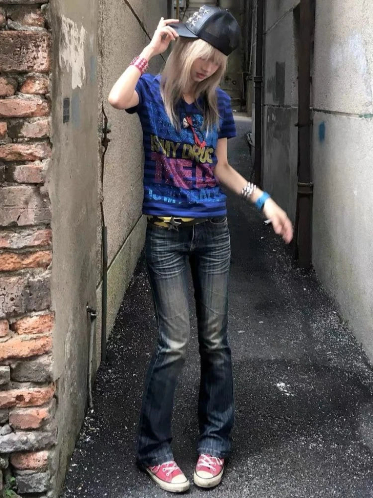 Chic Dollette Stripe Vintage Punk T-shirt Women Streetwear Grunge Letter Rhinestone Tshirts 2026 Summer Streetwear Casual Tees
