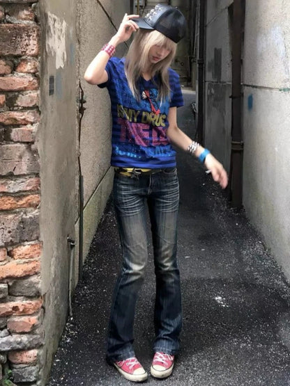 Chic Dollette Stripe Vintage Punk T-shirt Women Streetwear Grunge Letter Rhinestone Tshirts 2026 Summer Streetwear Casual Tees