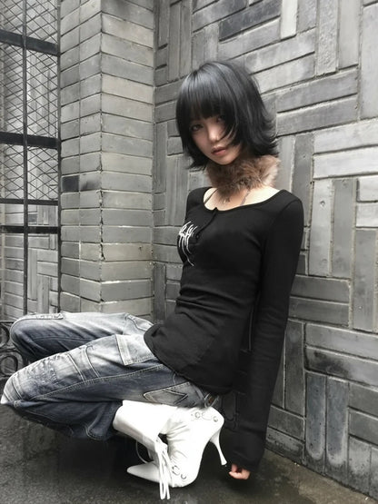 Chic Dollette Gothic Ästhetisches T-Shirt Langarm Schwarz Bedrucktes Grafik-Top Japanisches 2000er Jahre T-Shirt E-Girls Punk T-Shirts