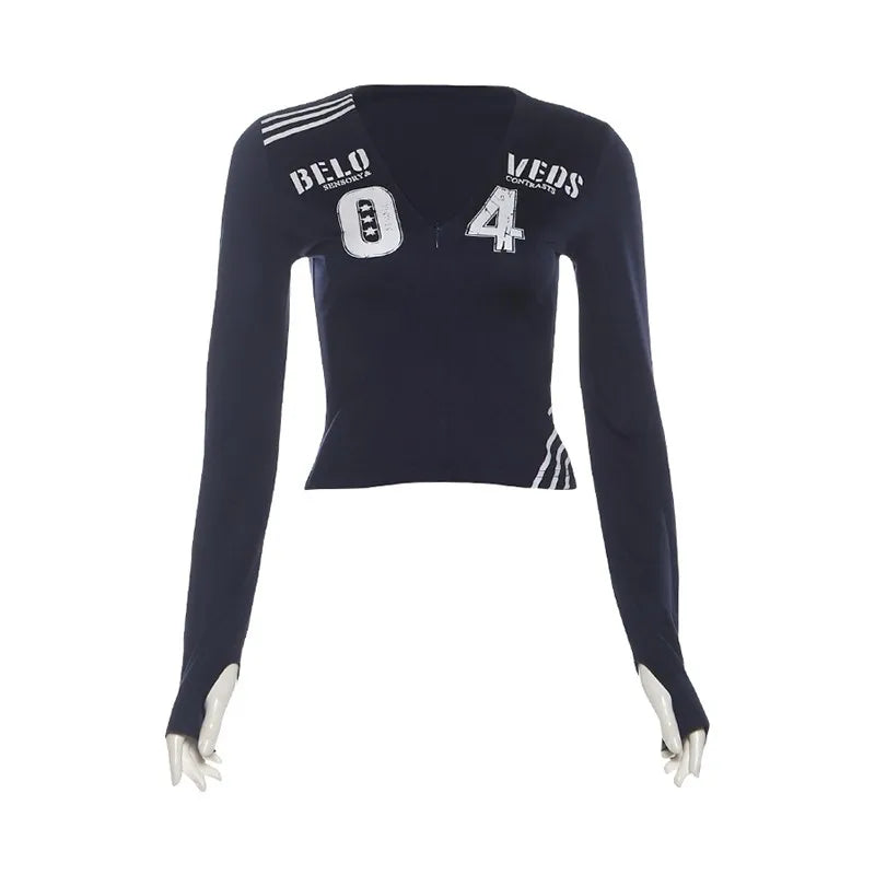 Chic Dollette Casual Fashion T-Shirts Woman Letter Print Zip V-Neck Full Sleeve Navel Exposed Daily Street Sporty Style Classic Tops