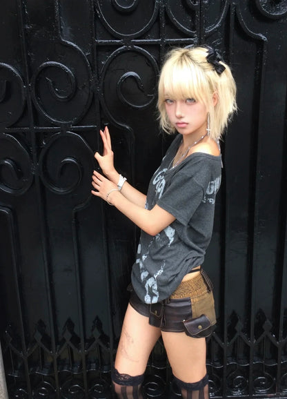 Chic Dollette Vintage T-Shirt Kurzarm Print Grafik-Top Japanische 2000er Grunge Top Punk Style Tee Top E-Girls