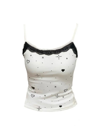 Chic Dollette Vintage Tanktop Ärmelloses Skinny Print Crop Top Streetwear Sommer 2000er Japanisches Neckholder Top Grunge E-Girls