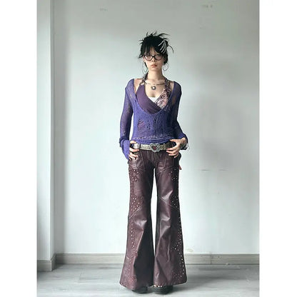 Chic Dollette Japanische Zweiteilige Oberteile Strickpullover mit V-Ausschnitt + Patchwork Tank Top Streetwear 2000er Japanisches T-Shirt Damen