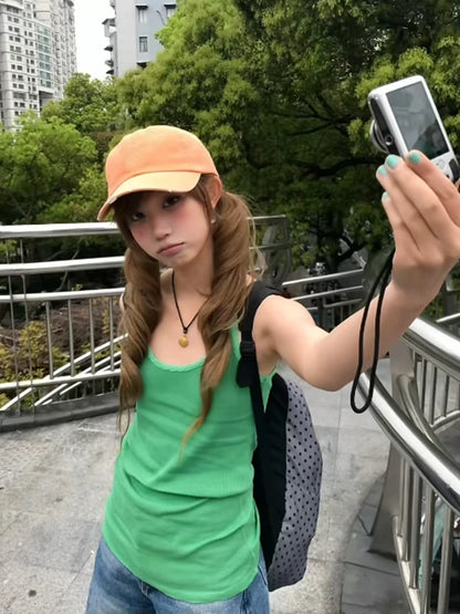 Chic Dollette American Retro Tank Tops Women Lace Green Sleeveless Vintage Tops Y2k Aesthetic Camis Japanese 2000s Streetwear Tanks