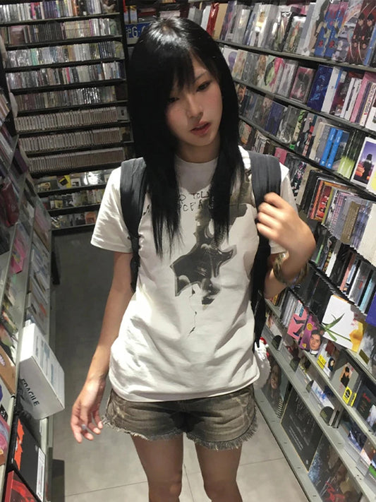 Chic Dollette  Japanese Print Cotton T Shirt Women Short Sleeve Graphic Tops Streetweaer American Retro Vintage Tops Tee E-girls
