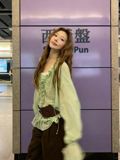Chemisier Vert Chic Dollette Streetwear Vêtements Manches Longues Mode Coréenne Chemise Transparente Élégant Décontracté Vêtements d'Extérieur