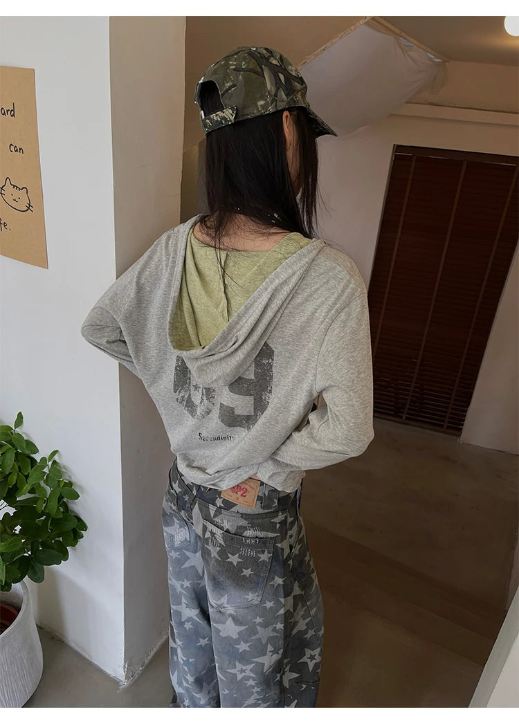 Schickes Dollette Vintage Grafik-Top Langarm Japanisches T-Shirt mit Kapuze Streetwear Amerikanisches Retro Grunge Top E-Girls