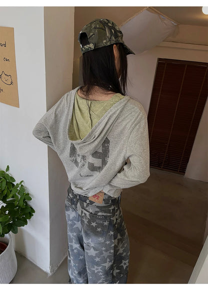 Schickes Dollette Vintage Grafik-Top Langarm Japanisches T-Shirt mit Kapuze Streetwear Amerikanisches Retro Grunge Top E-Girls