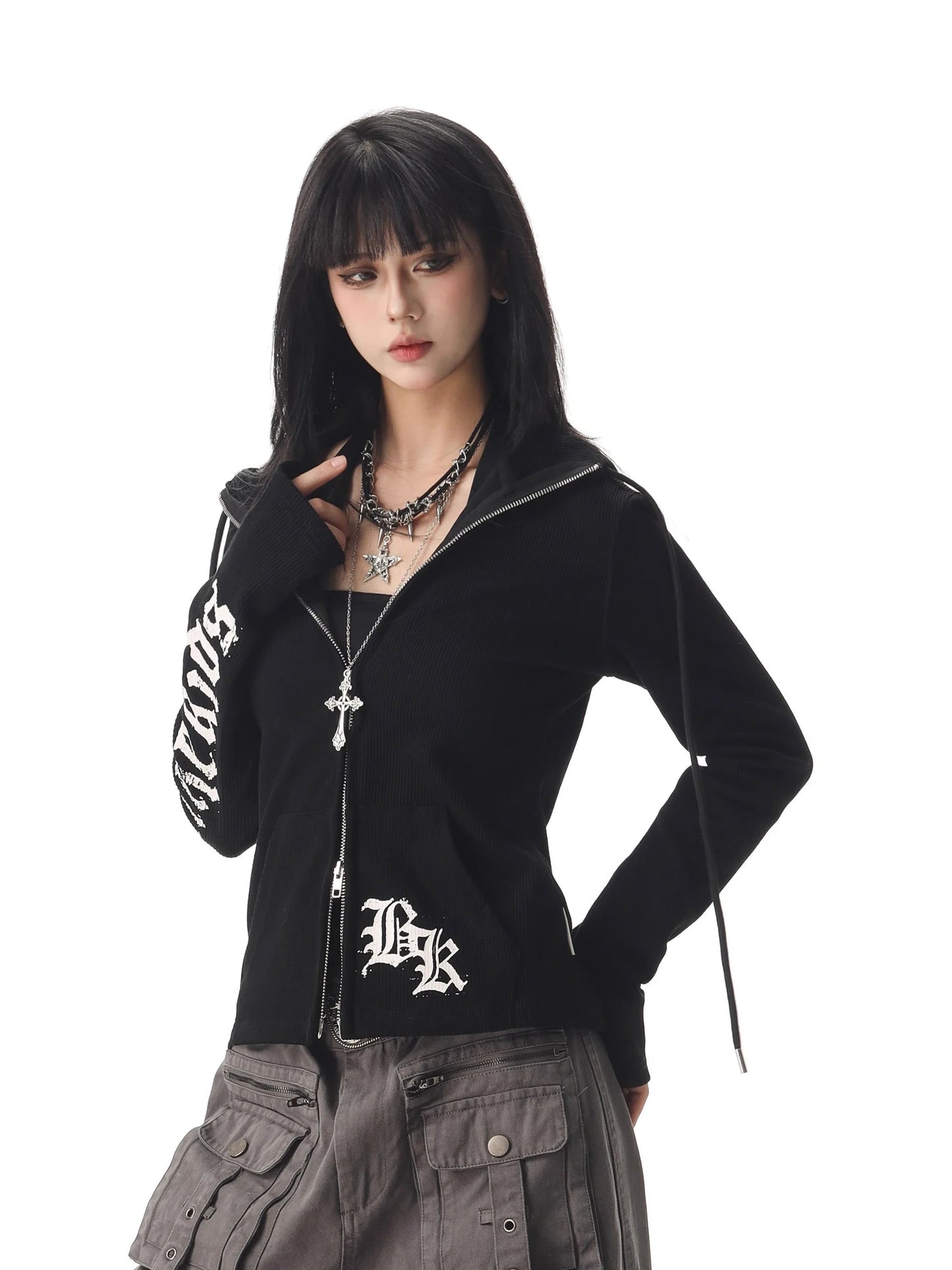 Chic Dollette Reißverschluss-Kapuzenpullover Langarm Streetwear Koreanische Modebedruckte Damen-Sweatshirts 2000er Kleidung Herbst Oberteil Chic