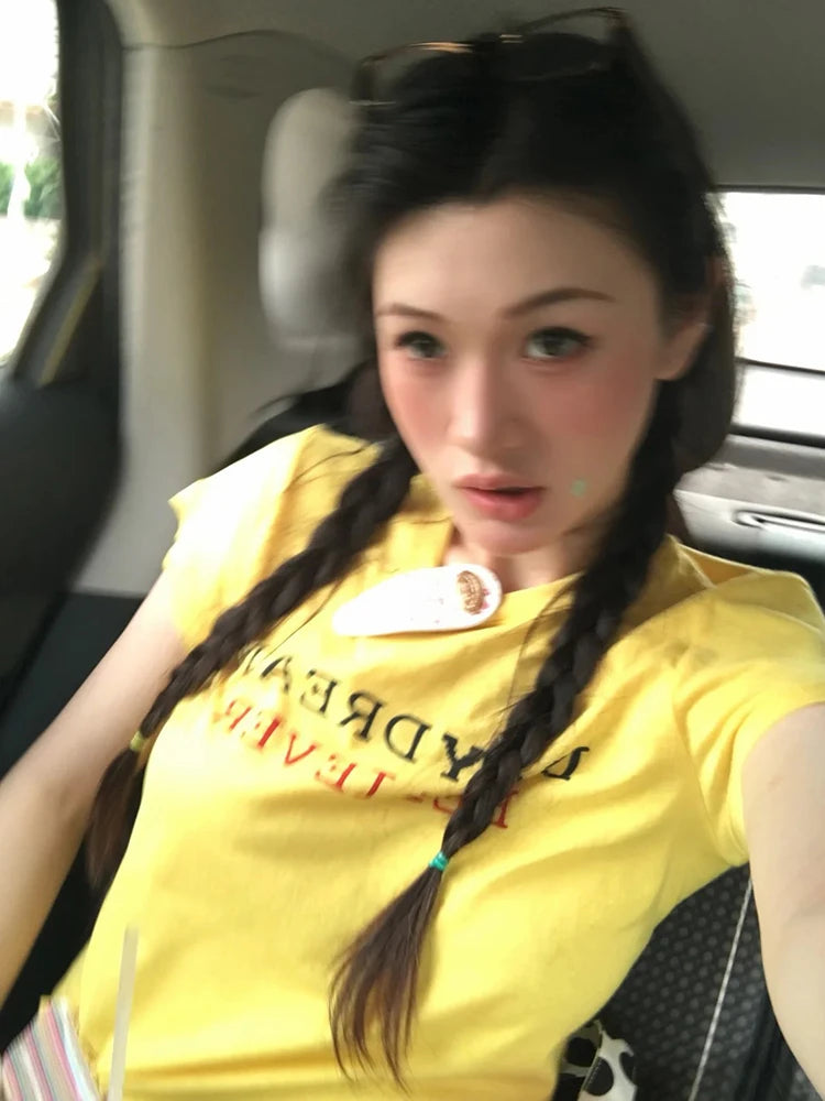 Chic Dollette Slim Yellow Crop Tops Short Sleeve Japanses 2000s Y2k Vintage Tops Streetwear