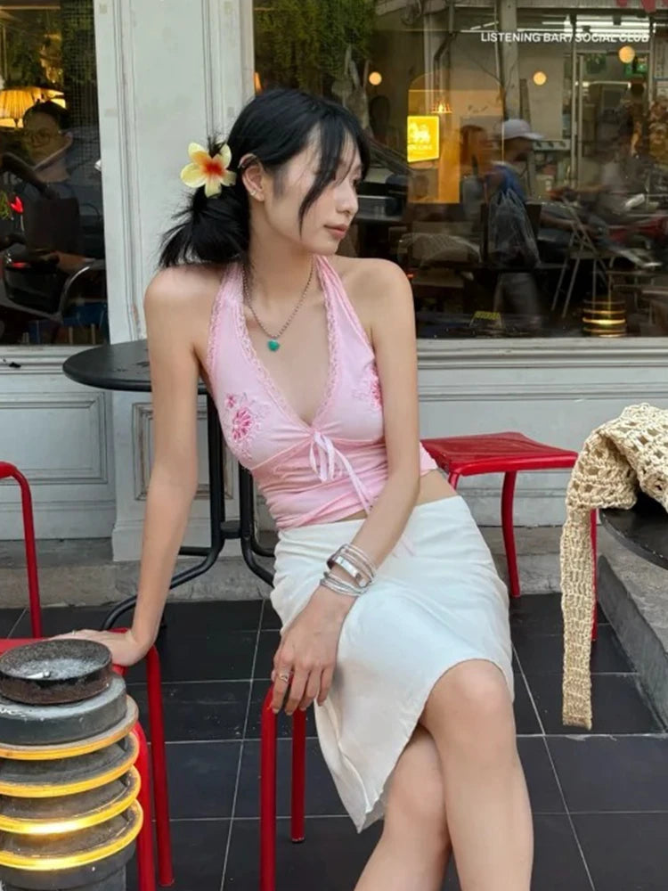 Chic Dollette  Fairycore Tank Tops Women Lace Print Graphic Tops Sleeveless Japanese 2000s Camis E-girls Streetwear Halter Tops
