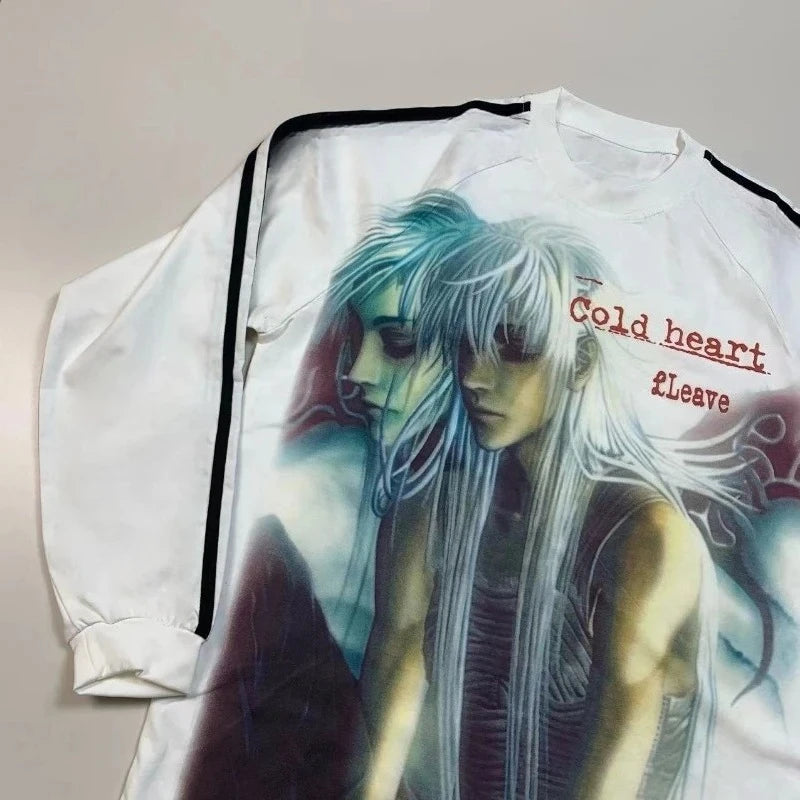 Chic Dollette Gothic Anime Cartoon Print Vintage T-shirt Hiphop Patchwork Streetwear Tops Harajuku Drop Shoulder Casual Tshirts