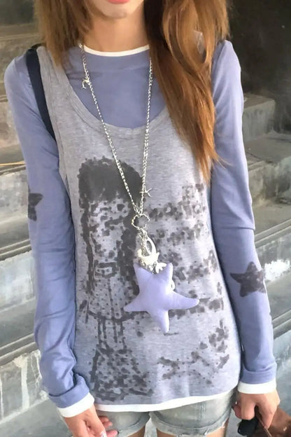 Chic Dollette Two Piece Sets Patchwork Star Printing Long Sleeve T-Shirt + Vintage Cartoon Sleeveless Vest Female Grunge Suit