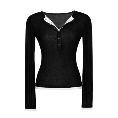 T-shirt Patchwork Chic Dollette Femme Manches Longues Mode Coréenne Tees Vêtements Féminins Printemps Automne Haut Chic Décontracté