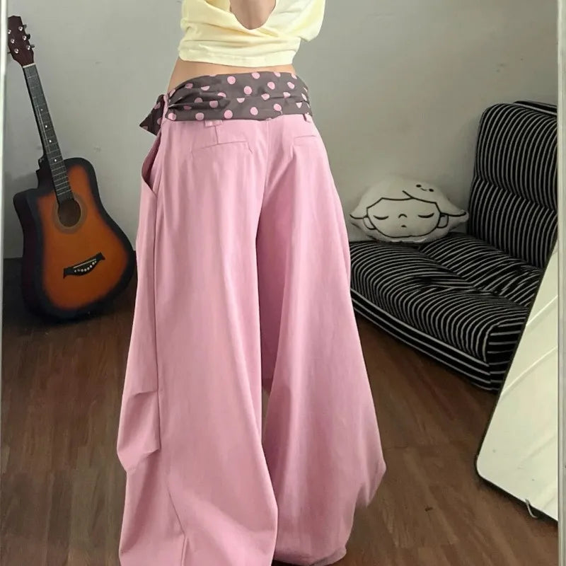 Chic Dollette Pink Polka Dot Spliced Trousers Female Clothing Wide Leg Summer High Waist Fashionable Zipper Folds Loose Casual Pants