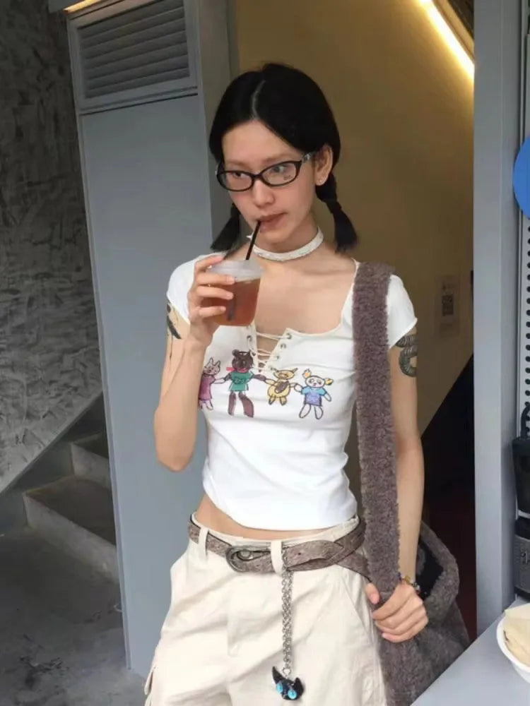 Chic Dollette Print Graphic Tees Amerikanischer Retro Kurzarm Cartoon Slim Grunge T-Shirt  T-Shirt Femme Sommer Top