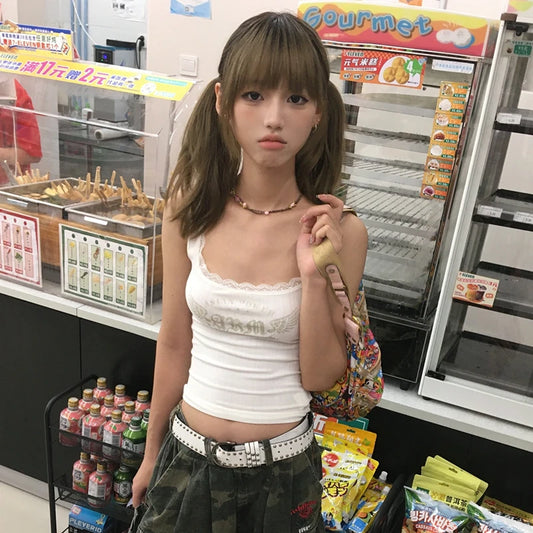 Chic Dollette Japanese Y2k Letter Print Tank Top 2000s Style Lace Patchwork Tanktop Vintage Harajuku Sleeveless Top American Retro 90s