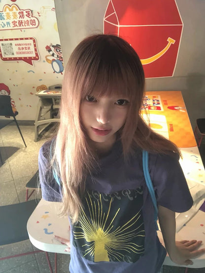 Chic Dollette Japanese Print Graphic Tops Short Sleeve American Retro Vintage Tops Washed Casual T Shirts 2000s Aesthetic Summer