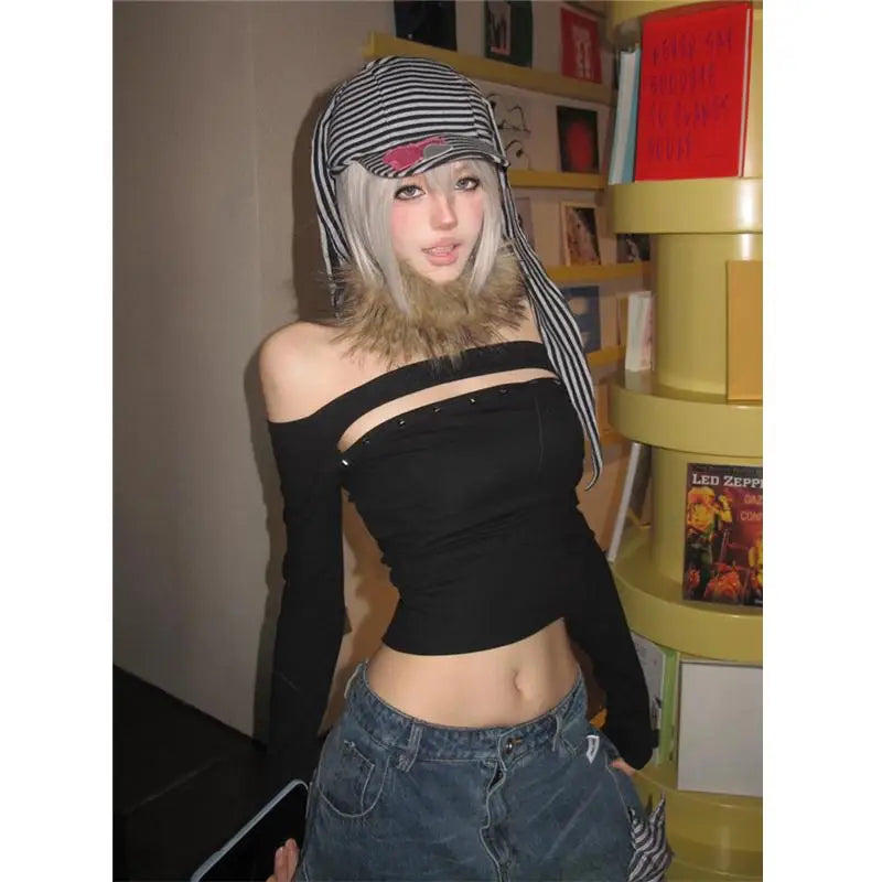 Chic Dollette Schwarzes Sexy Nieten Damen T-Shirt Langarm 2000er Kleidung Herbst Top Schmale T-Shirts Damenbekleidung Jugendliche Kleidung
