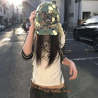 Chic Dollette Japanese Y2k Puppy Print T-shirt Vintage Harajuku Three Quarter Sleeve Tshirt Trashy 2000s Patchwork Tops American Retro