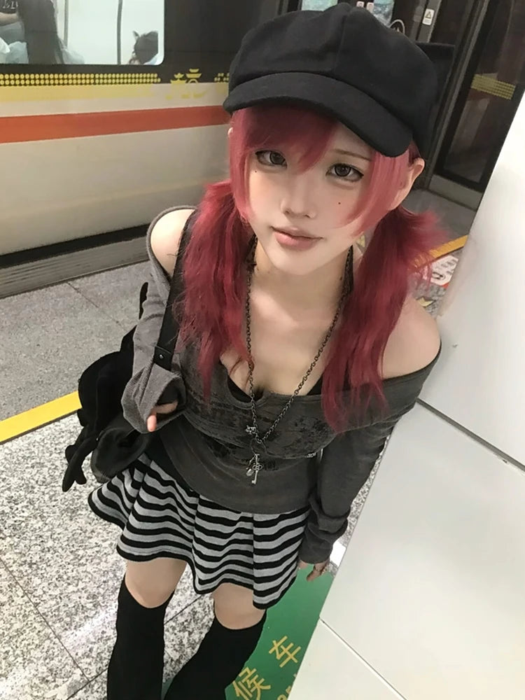 Schickes Dollette Fairycore T-Shirt Langarm Fake Two Pieces Top Japanischer 2000er Print Graphic Top Streetwear Crop Top