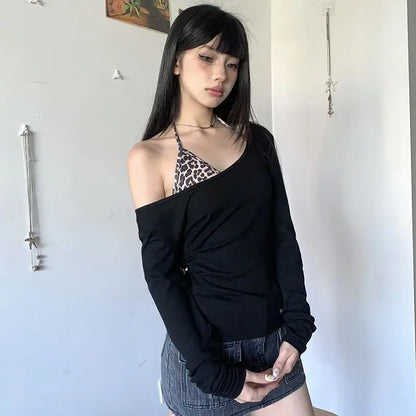 Schickes Dollette Streetwear Zweiteiliges Top Herbst Patchwork Leopard BH Slim T-Shirt Kleidung Langarm 2000er Kleidung T-Shirt