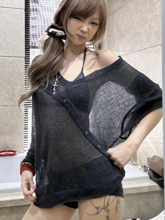 Haut chic Dollette en V ample noir à manches longues transparent pour l'été, style années 2000, T-shirt pour femme