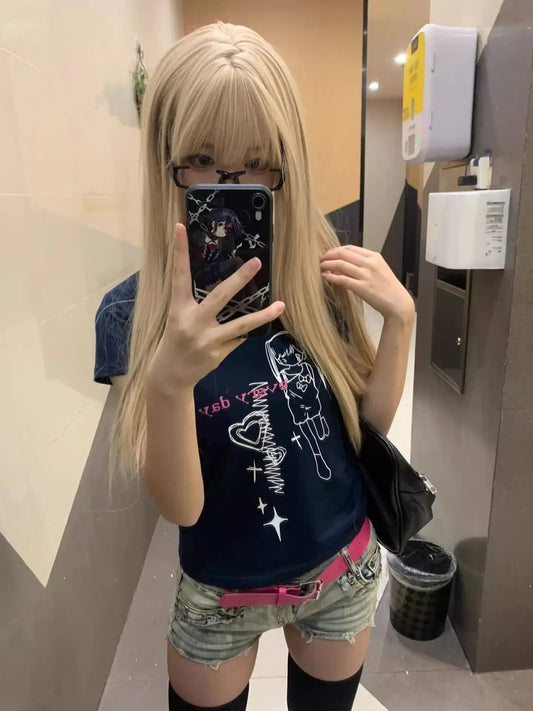 Haut gothique Chic Dollette T-shirts graphiques bleu marine Années 2000 Imprimé Dessin animé T-shirts moulants Style coréen Vêtements pour femmes Chic