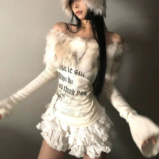 T-shirt Chic Dollette Vintage Épaules Dénudées Japonais Années 2000 Haut Col Fourrure Imprimé Fairycore Graphique Grunge