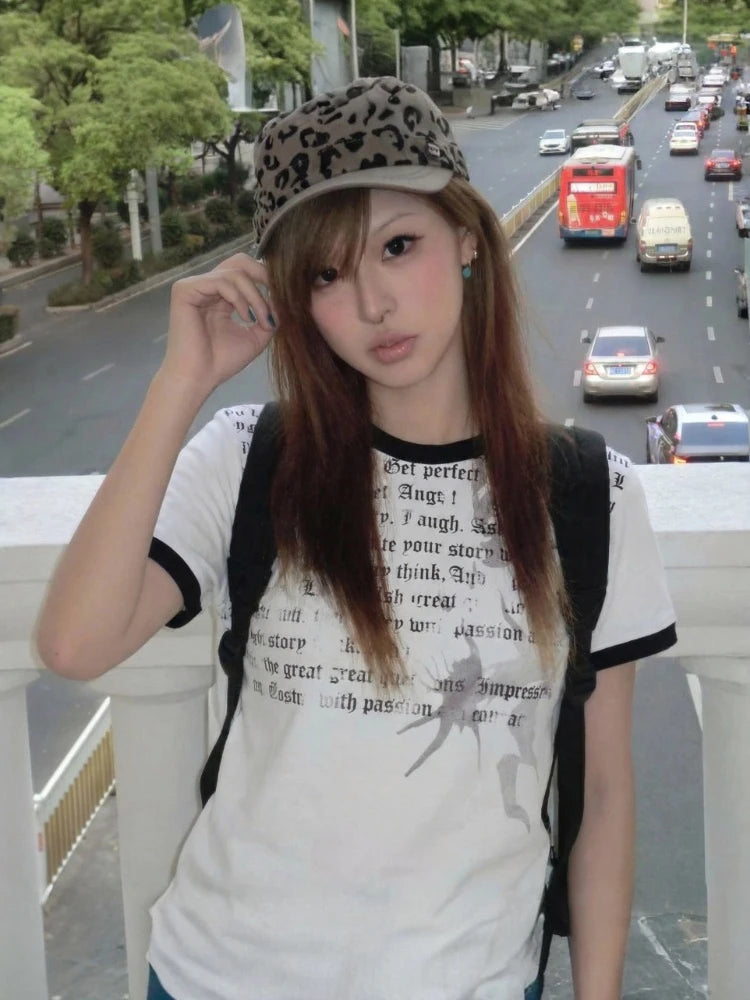 Chic Dollette American Retro  T-shirt Women Short Sleeve Print Graphic Tops Streetwear Y2k Aesthetic Vintage Tops Tee Japanese 2000s