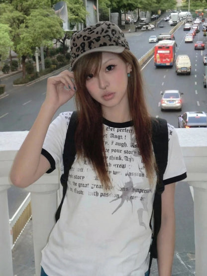 Chic Dollette American Retro  T-shirt Women Short Sleeve Print Graphic Tops Streetwear Y2k Aesthetic Vintage Tops Tee Japanese 2000s