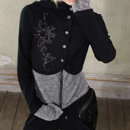 Chic Dollette Japanischer Kapuzenpullover Patchwork-Strickjacke Print Grafik-Top Streetwear Amerikanischer Retro-Kapuzenpullover 2000er
