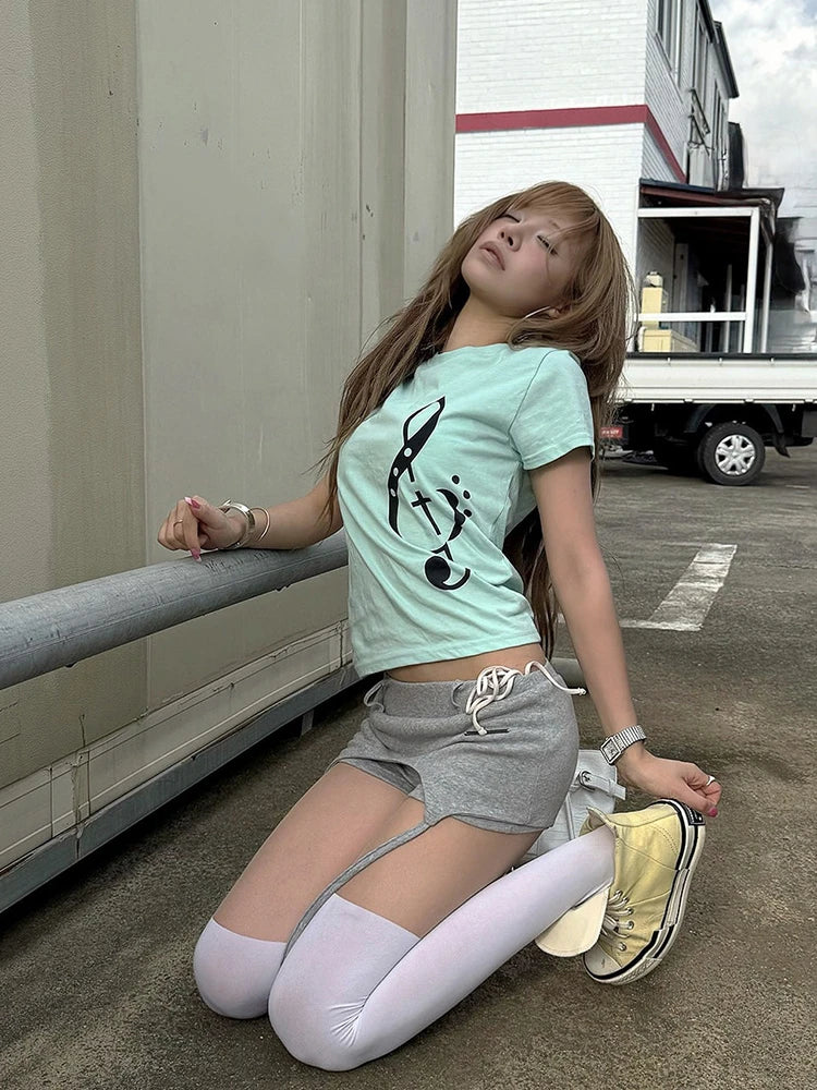 Chic Dollette Korean Style Music Note Print T Shirt Women Short Sleeve Cotton T-shirt Y2k Vintage Graphic Tops Japanese 2000s Tee